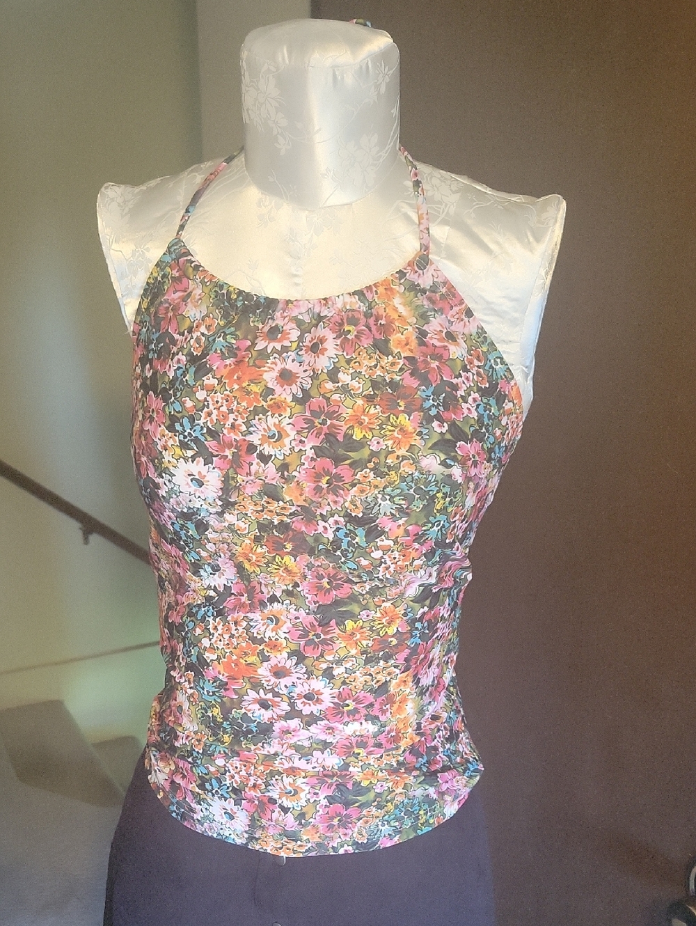 Lime Ricki Floral Halter Tankini Swim Top in Pink and Green